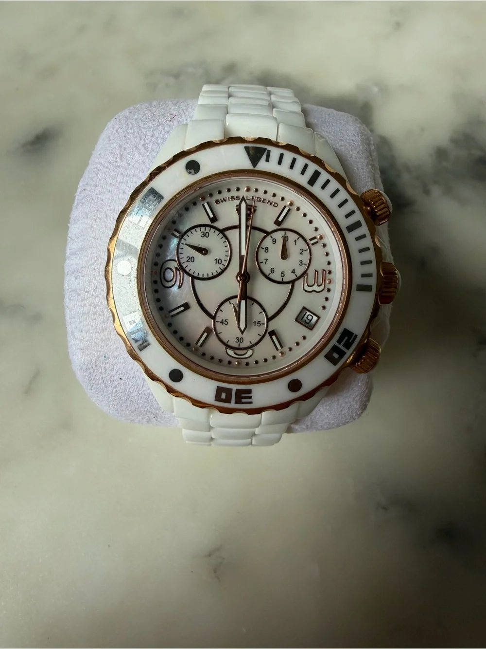 White Ceramic Chronograph Swiss Legend Watch with Rose Gold Accents